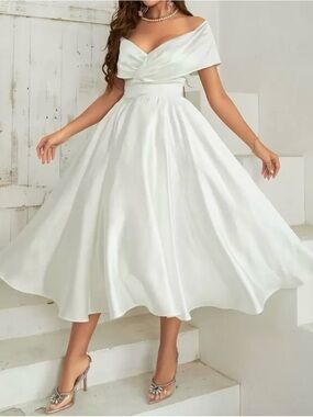 White Off-Shoulder Tea-Length Bridal Dress